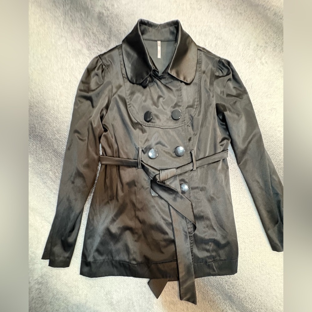 (B1) A’Gaci Black Satin‎ Double Breasted Belted Pea Trench Coat Jacket L